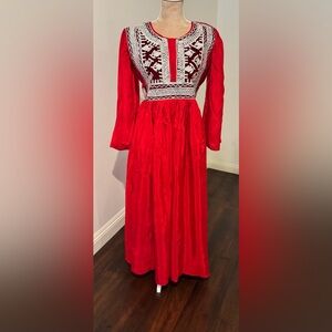 Red Bishop Sleeve Gown with Crew Neck for Bride